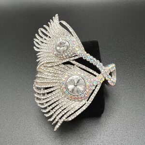 Peacock Feather Cuff Bracelet Silver Tone AB Rhinestone Statement Festival 7"